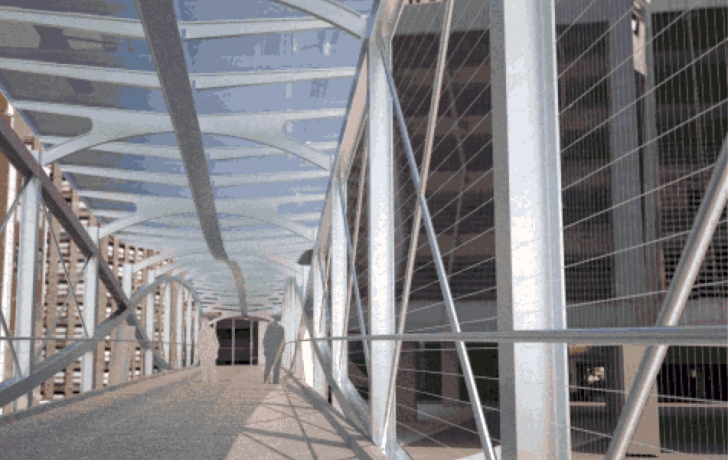The pedestrian bridge will be 12 feet wide and crowned by a glass roof that will drain rainwater into a planting median in the middle of West Street. Rendering: Economic Development Corp. The pedestrian bridge will be 12 feet wide and crowned by a glass roof that will drain rainwater into a planting median in the middle of West Street. Rendering: Economic Development Corp.